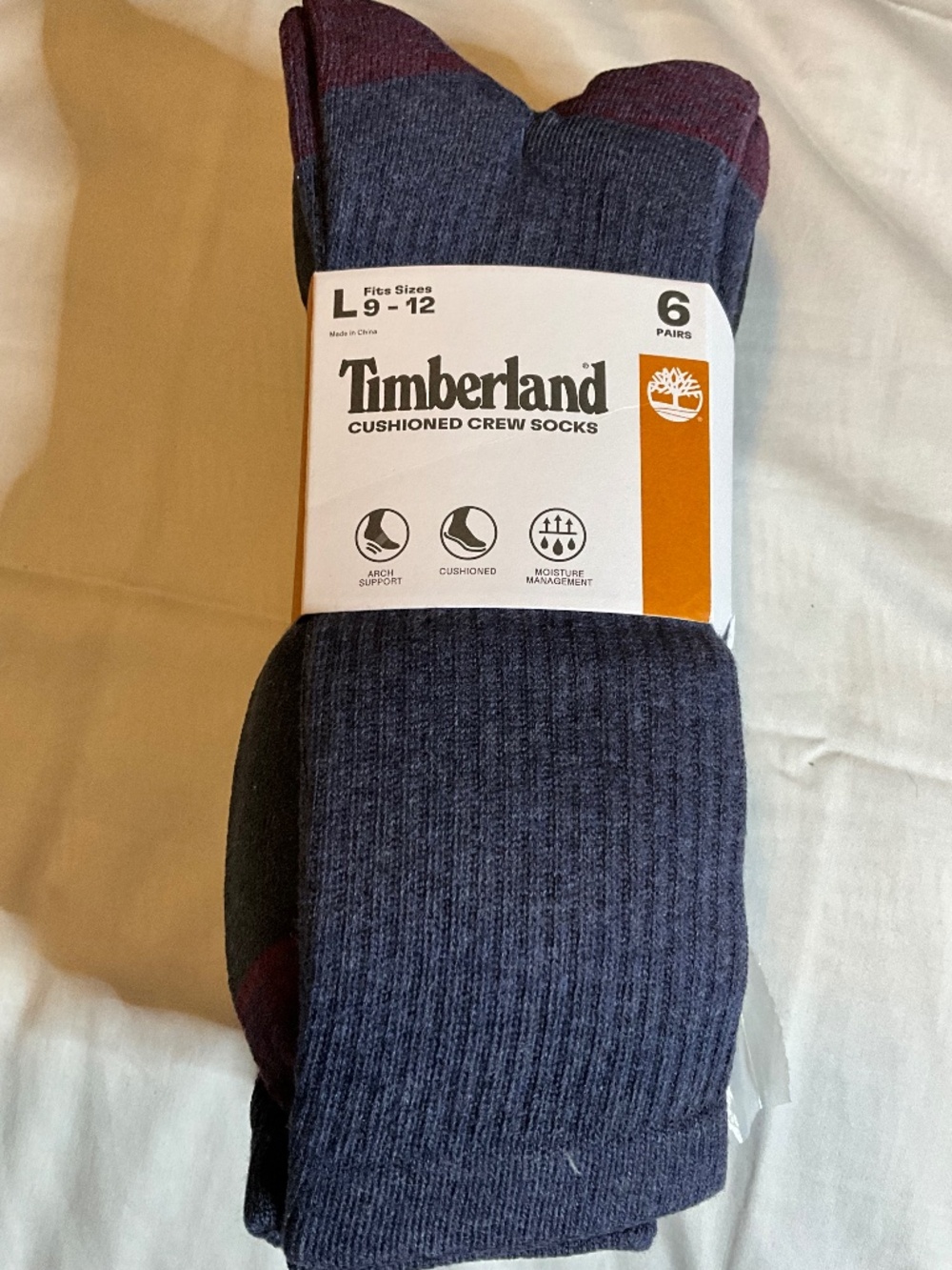 Timberland Cushioned Crew Socks 6 Pairs Pack - Men's Size L (9-12) New